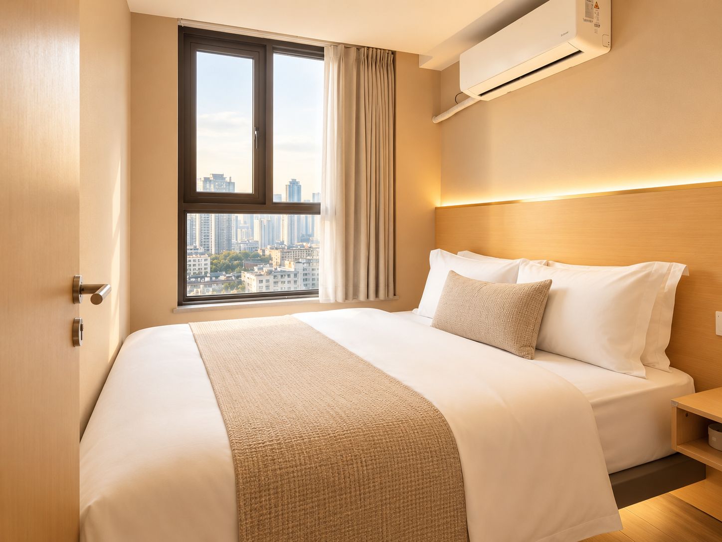 A hotel room with a large bed, a view of the cityscape through a window, and an air conditioning unit mounted on the wall.