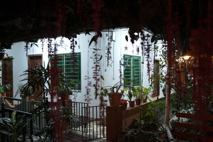Una casa tradicional con patio de baldosas, contraventanas verdes y plantas en macetas.