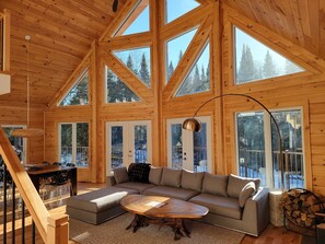 TV connectée, cheminée, table de tennis de table, livres