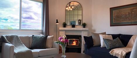 Smart-TV, peis, DVD-spiller og bøker