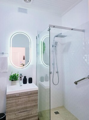 Douche, séchoir à cheveux, serviettes fournies