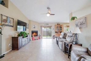 Smart TV, fireplace, music library, computer monitors