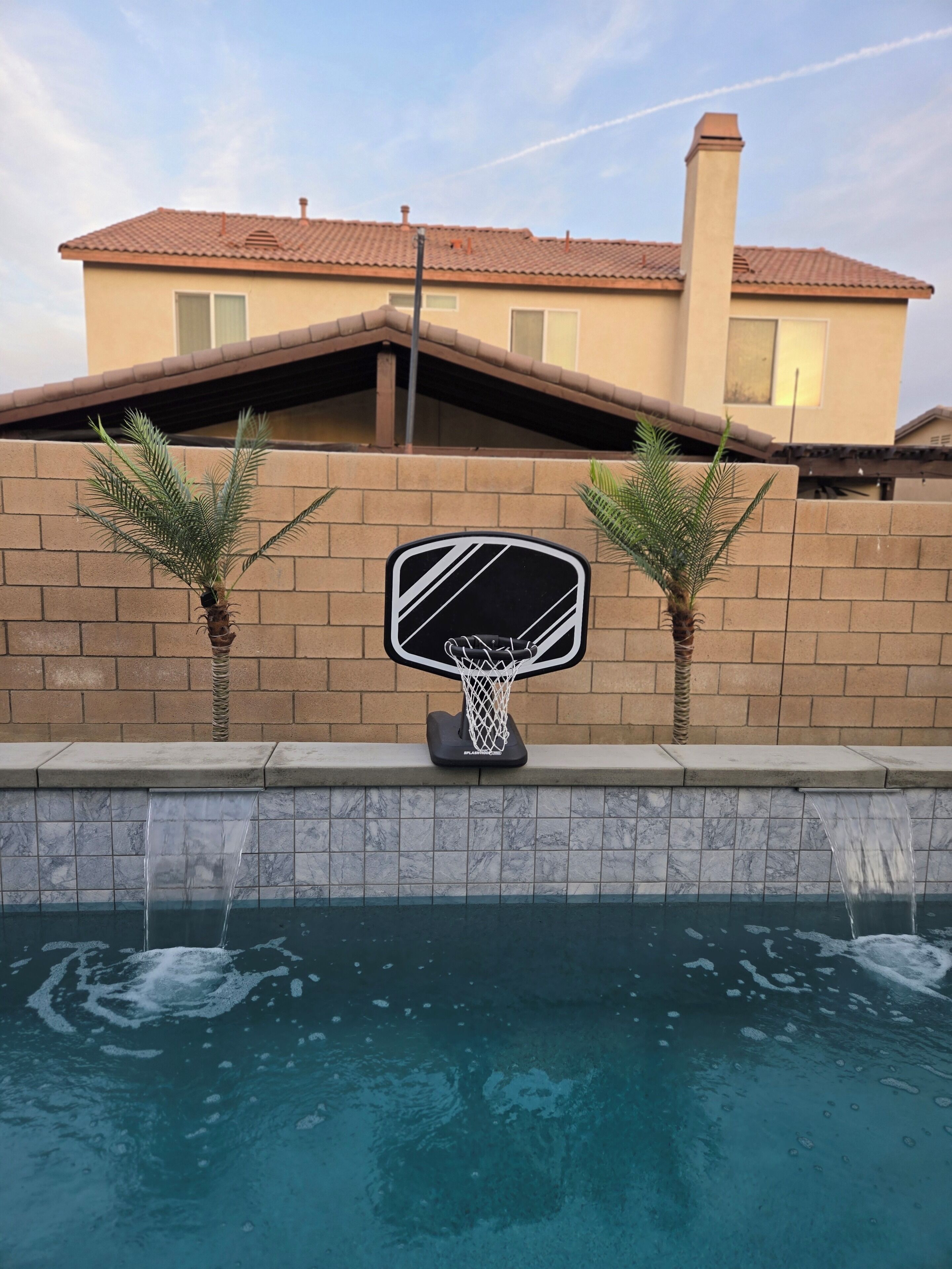Une piscine avec un panier de basket, des palmiers et une maison en arrière-plan.