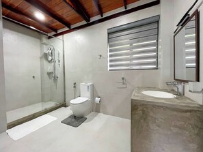 Enjoy a refreshing shower in the bathroom, featuring a glass-enclosed shower, handheld showerhead, and separate toilet.