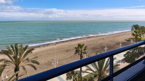 Une vue sur la plage depuis un balcon doté d’une balustrade, avec des palmiers et un ciel dégagé.
