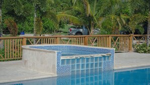 Una piscina con zona de hidromasaje con azulejos, rodeada de una terraza de madera y palmeras.