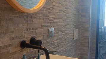 Shower, hair dryer, bidet, towels