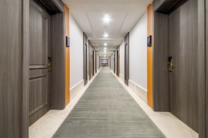 Un pasillo largo y estrecho con puertas de madera a ambos lados, suelo alfombrado e iluminación empotrada en el techo.