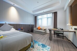 Premium bedding, desk, laptop workspace, blackout curtains
