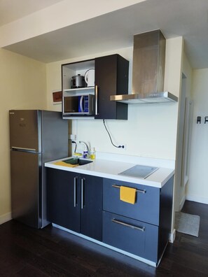 Fridge, microwave, stovetop, electric kettle