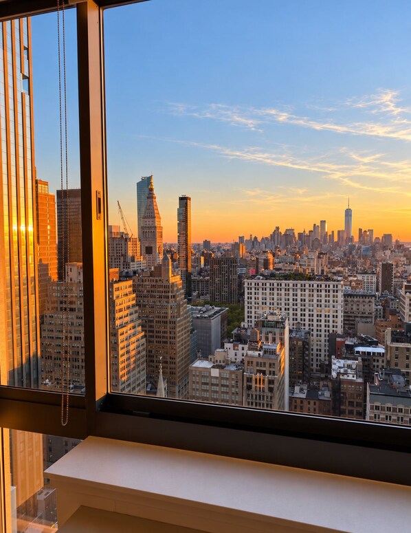 A cityscape viewed from a window with a view of tall buildings and a clear sky.