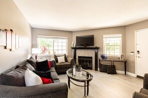 Smart TV, fireplace, books, music library