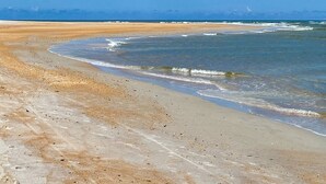 Ein Strand mit klarem, blauem Wasser und einem sandigen Ufer.