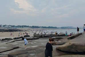 Ein felsiger Strand mit Menschen, die entlanggehen und stehen, im Hintergrund ein großes Gewässer und entfernte Bäume.
