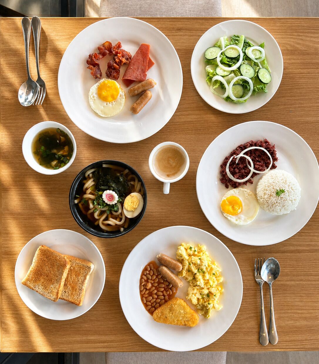 Una mesa de madera con una bandeja de desayuno que incluye tostadas, huevos, salchichas y una taza de café.