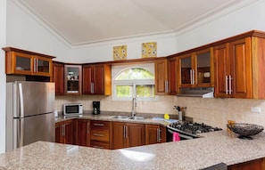Fridge, microwave, stovetop, cookware/dishes/utensils