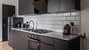 A modern kitchen with dark cabinetry, a stainless steel refrigerator, a gas stove, and a built-in oven. - Apartment in historic Tbilisi (Tbilisi)