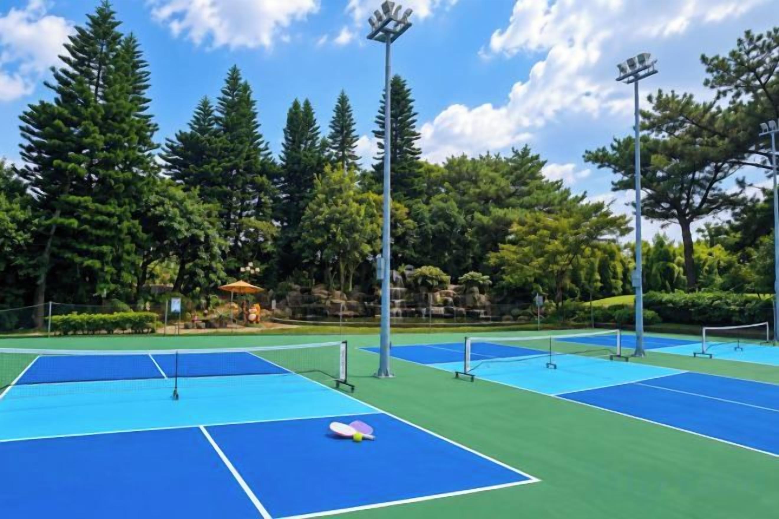 An outdoor tennis court with multiple courts, surrounded by trees and a clear sky.