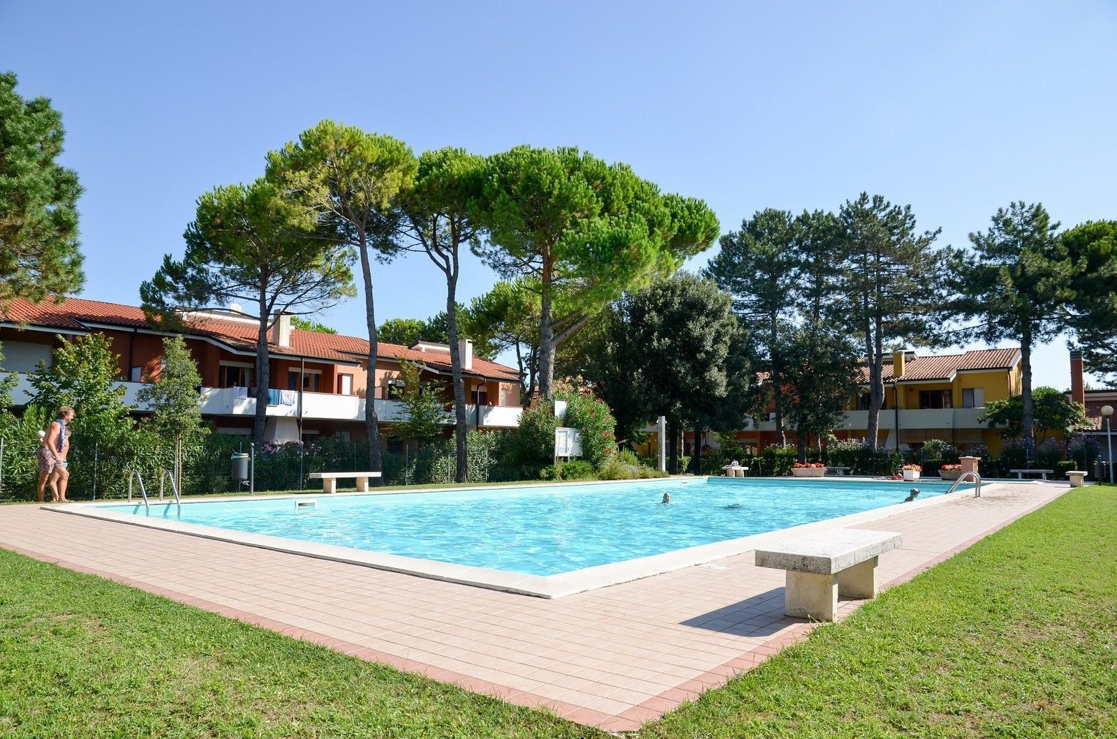 A swimming pool with a tiled deck, surrounded by grass and trees, with multi-story buildings in the background.
