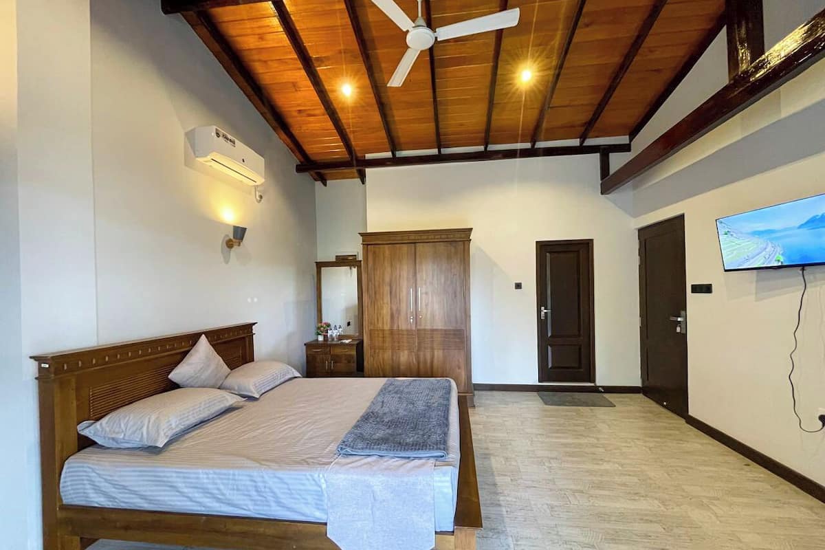 A bedroom with a wooden bed, a ceiling fan, an air conditioning unit, a television, and a wardrobe.