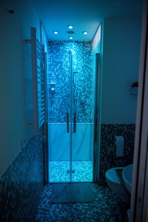 Shower, hair dryer, towels, soap