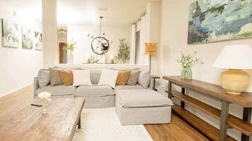 TV, fireplace, books, offices