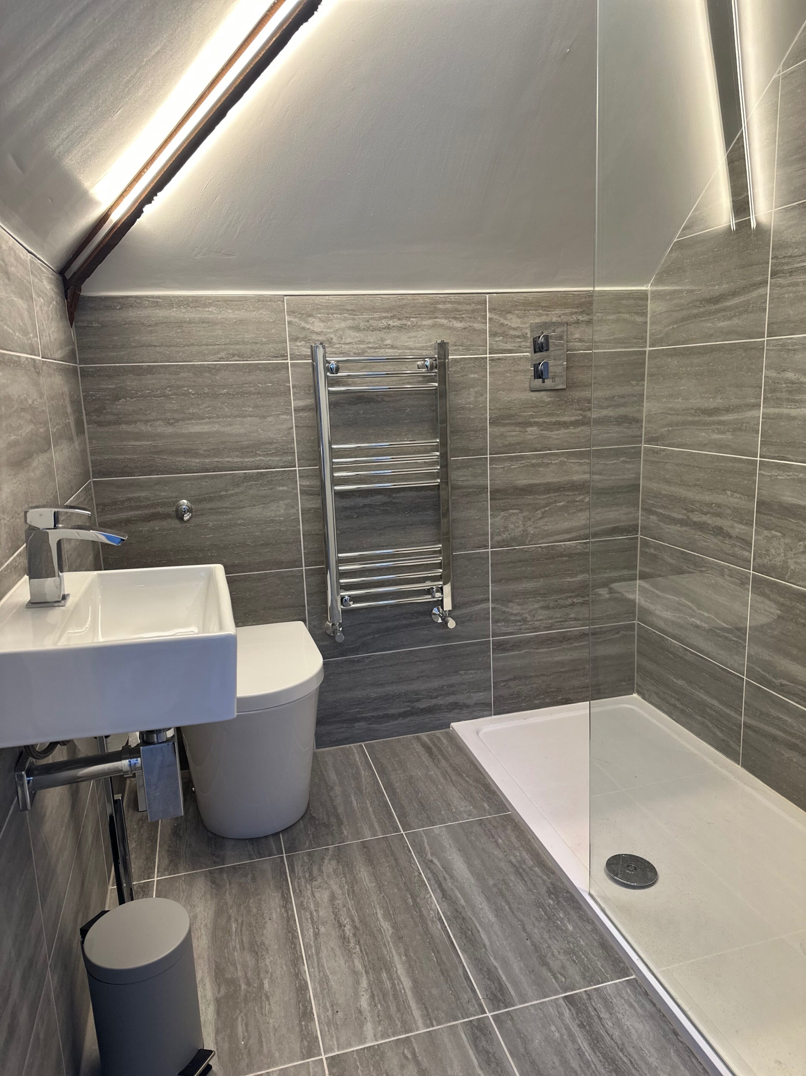 A modern bathroom with a shower, toilet, and sink.