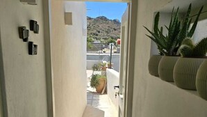 A narrow hallway leading to a balcony with potted plants and a view of a hilly landscape.