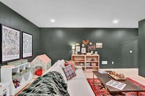 TV, fireplace, books