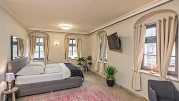 Ein Schlafzimmer mit Bett, Fernseher, Sessel, Lampe und einer Topfpflanze.