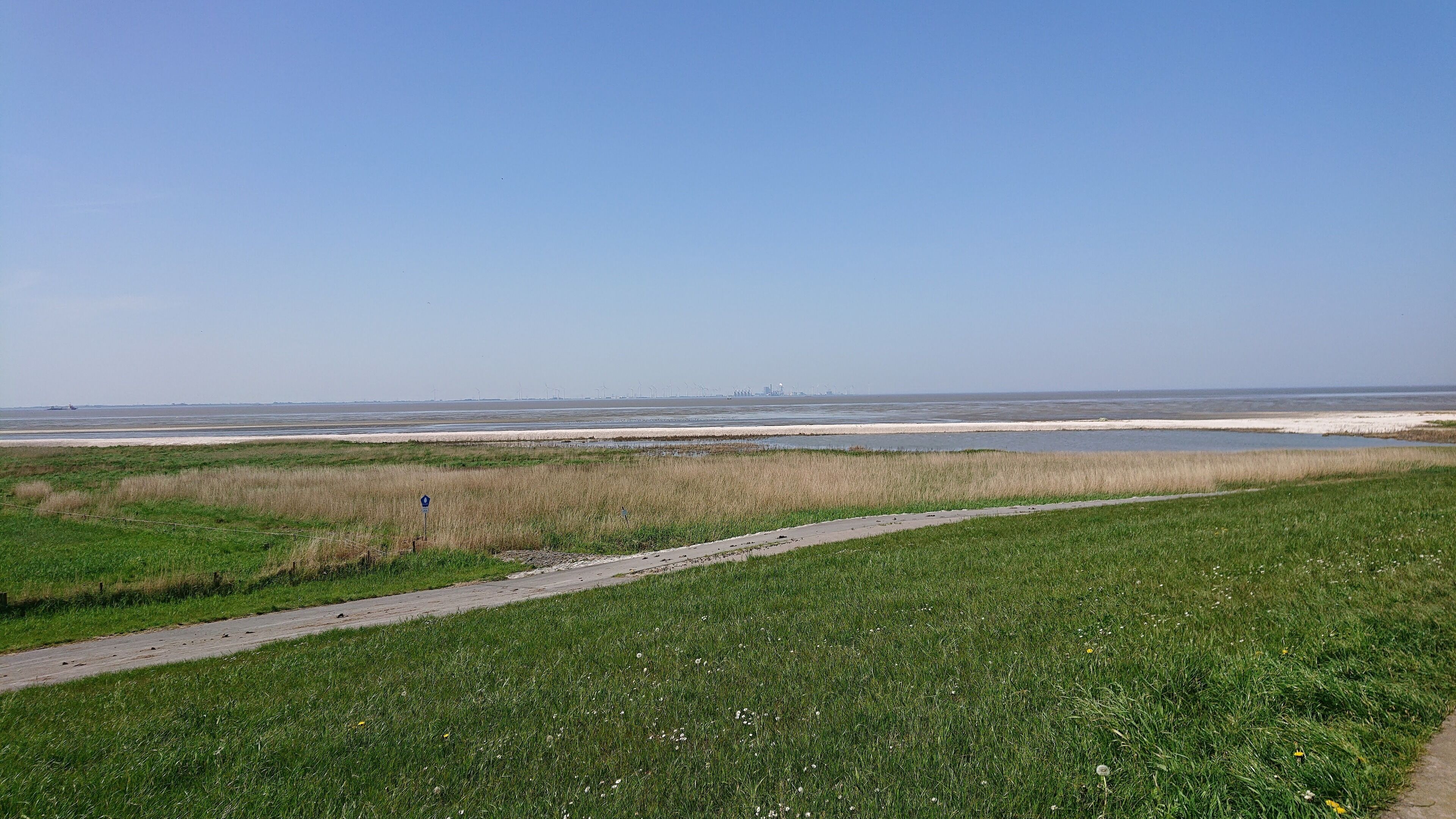 Eine Küstenlandschaft mit einem grasbewachsen Weg zum Strand.