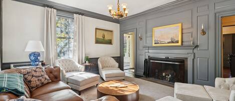 Televisión, chimenea, libros, oficina