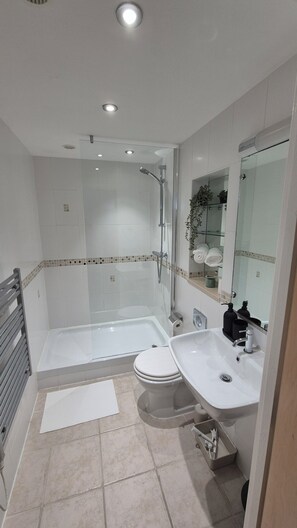 Dusche, Haartrockner, Handtücher, Toilettenpapier