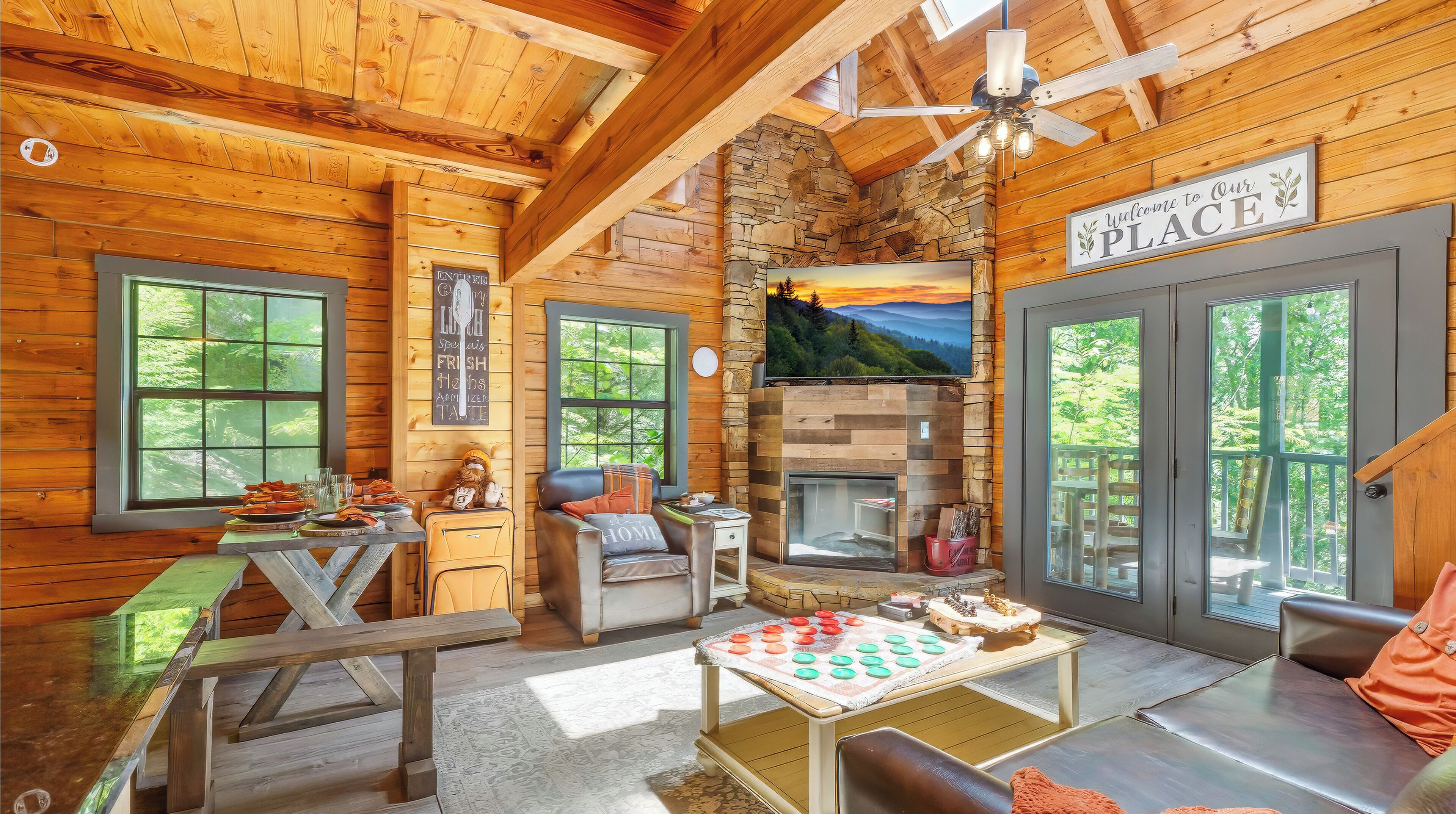 Smart TV, fireplace, video games, stereo