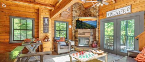 Smart TV, fireplace, video games, stereo