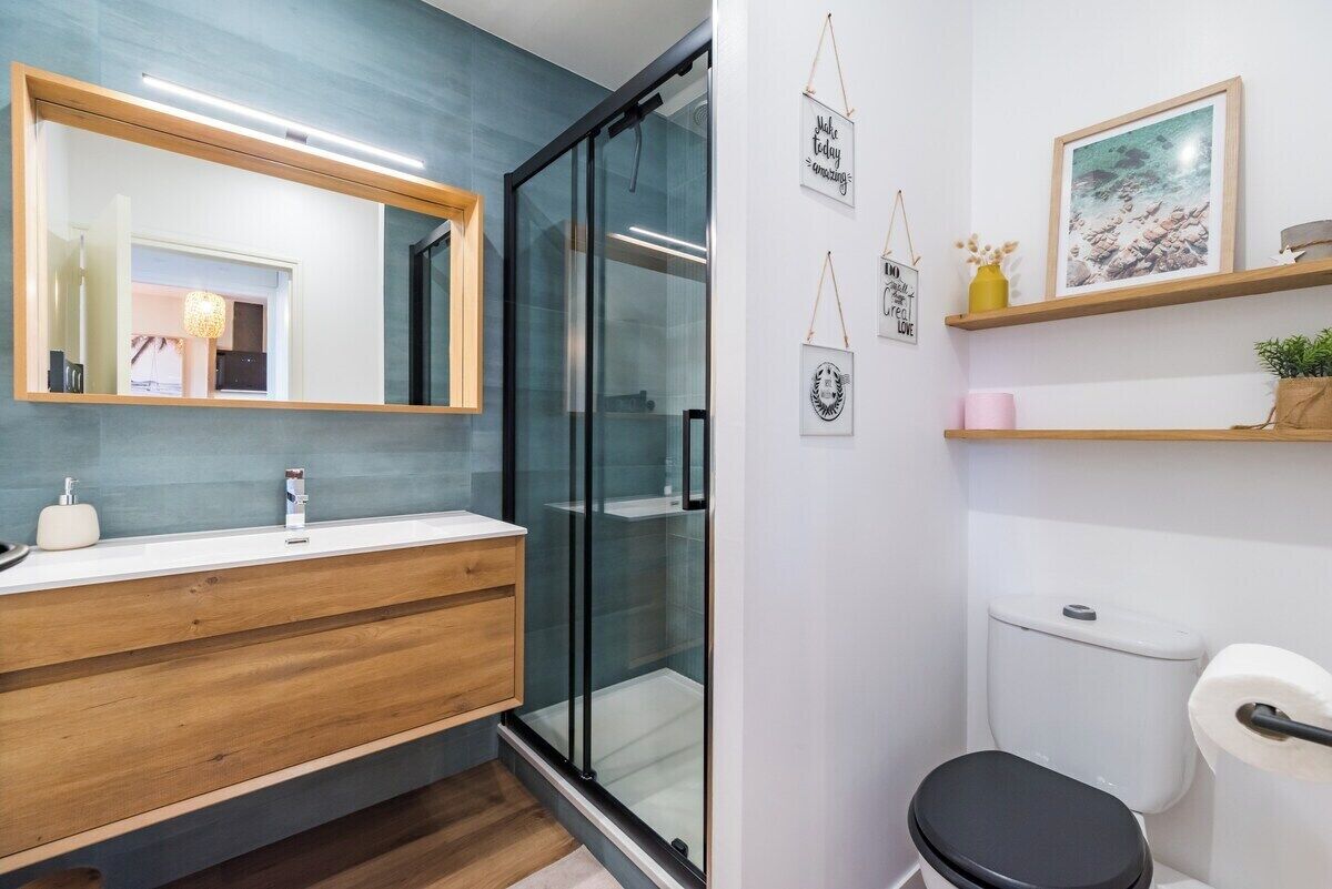 Shower, hair dryer, towels