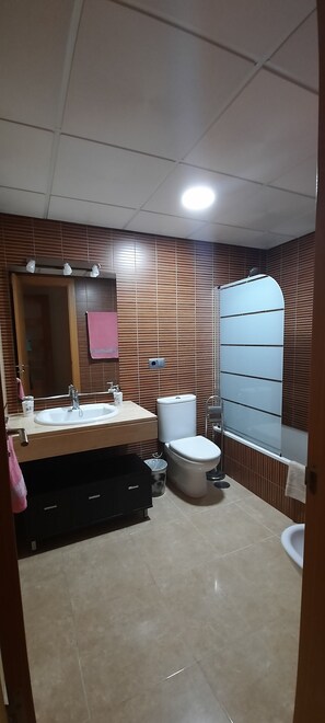 Secador de pelo, bidé, toallas y papel higiénico