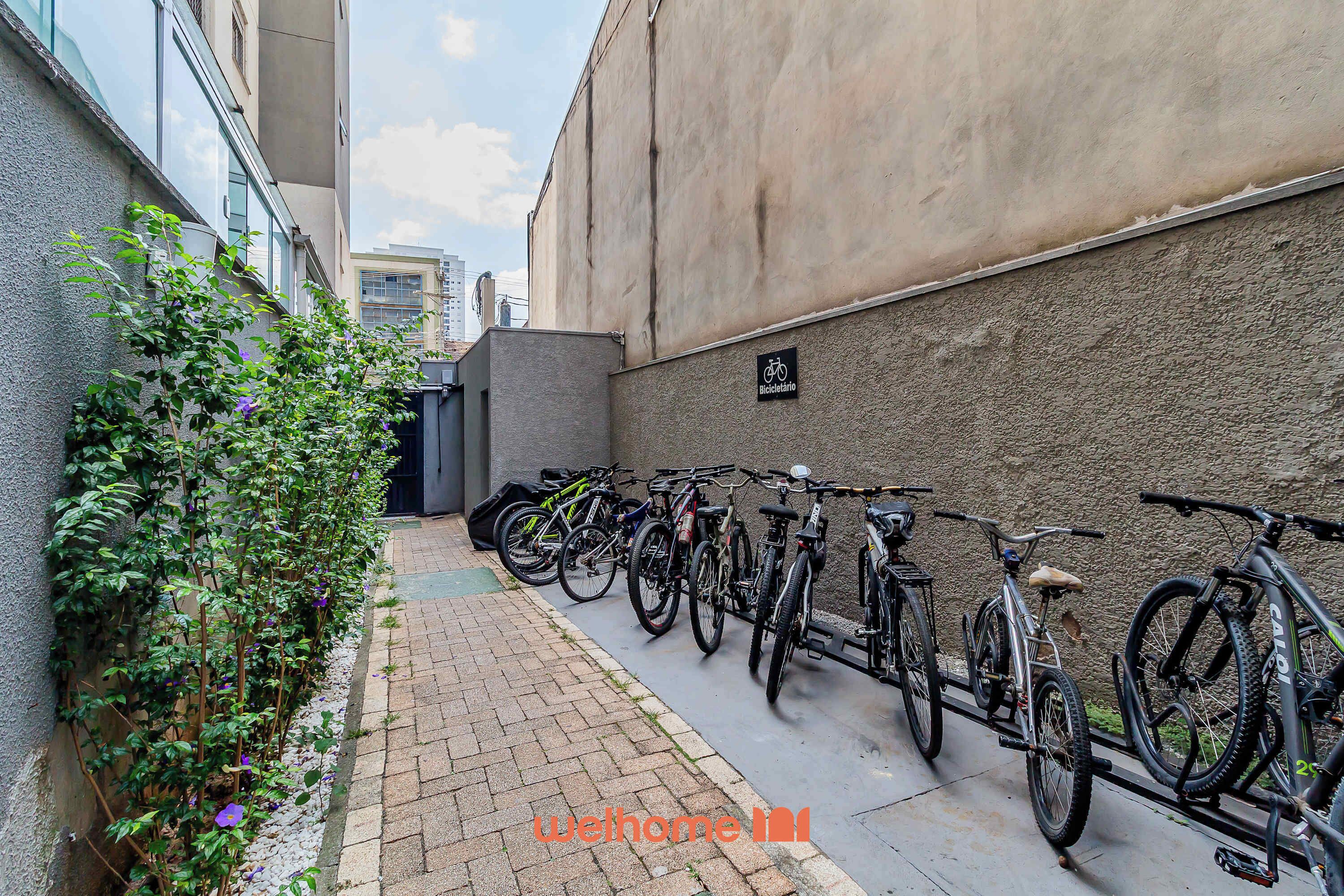 Uma viela estreita com bicicletas estacionadas junto a uma parede, um sinal indicando área de estacionamento de bicicletas e um pequeno jardim com flores roxas.