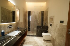 Shower, hair dryer, towels, soap