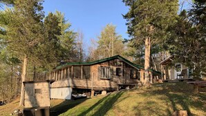 A rustic cabin with a green roof, situated on a grassy hill surrounded by trees.