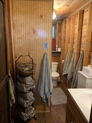 Hair dryer, towels, soap, shampoo