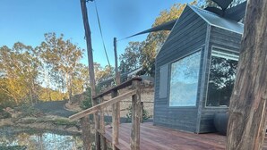 A wooden deck leading to a modern cabin with large windows, overlooking a body of water and surrounded by trees.