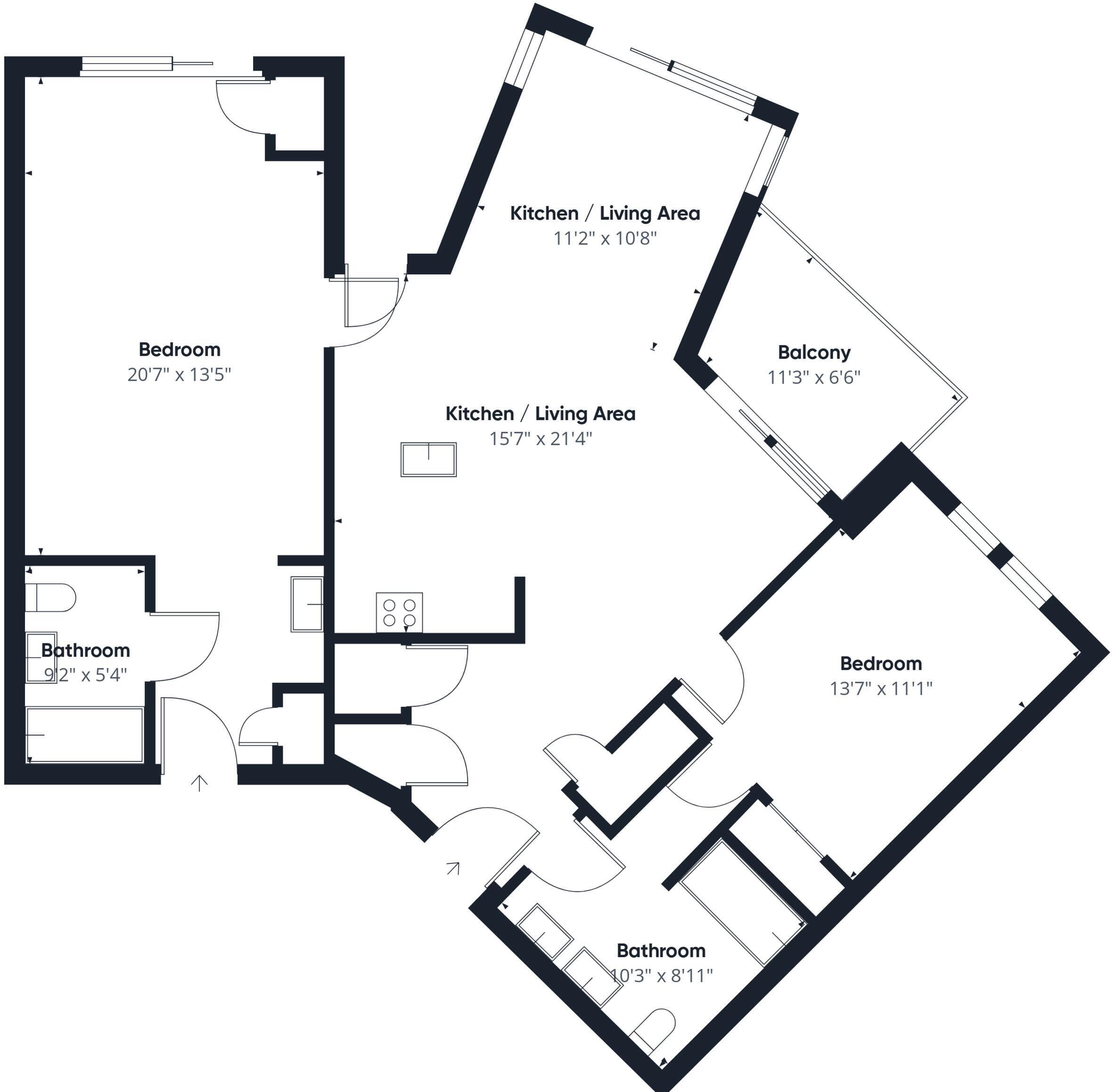 A floor plan with two bedrooms, two bathrooms, a kitchen/living area, and a balcony.