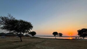 Un coucher de soleil sur un champ herbeux, avec des arbres et quelques bâtiments en arrière-plan.