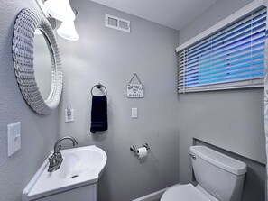 Bathroom features a sink, toilet, and wall-mounted mirror.