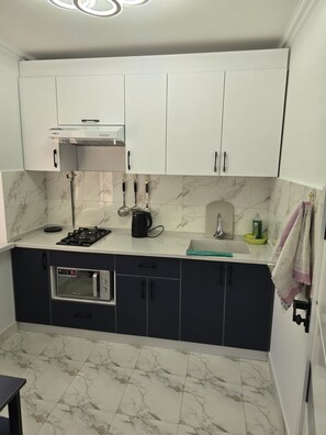Kühlschrank, Mikrowelle, Wasserkocher, Kochgeschirr/Geschirr/Besteck