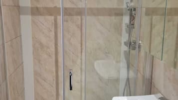 Shower, hair dryer, bidet, towels