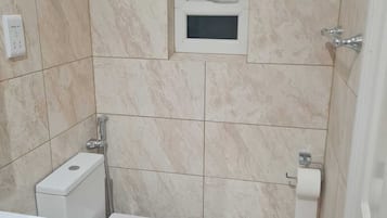 Shower, hair dryer, bidet, towels