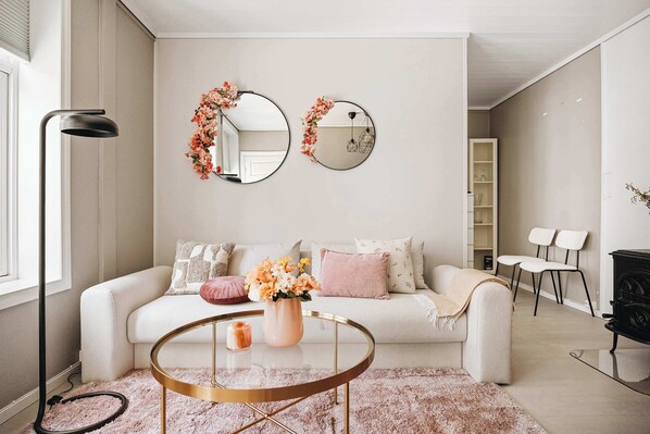 Televisio, takka, työhuone