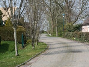 Una carretera pavimentada que serpentea por una zona residencial con casas y árboles.